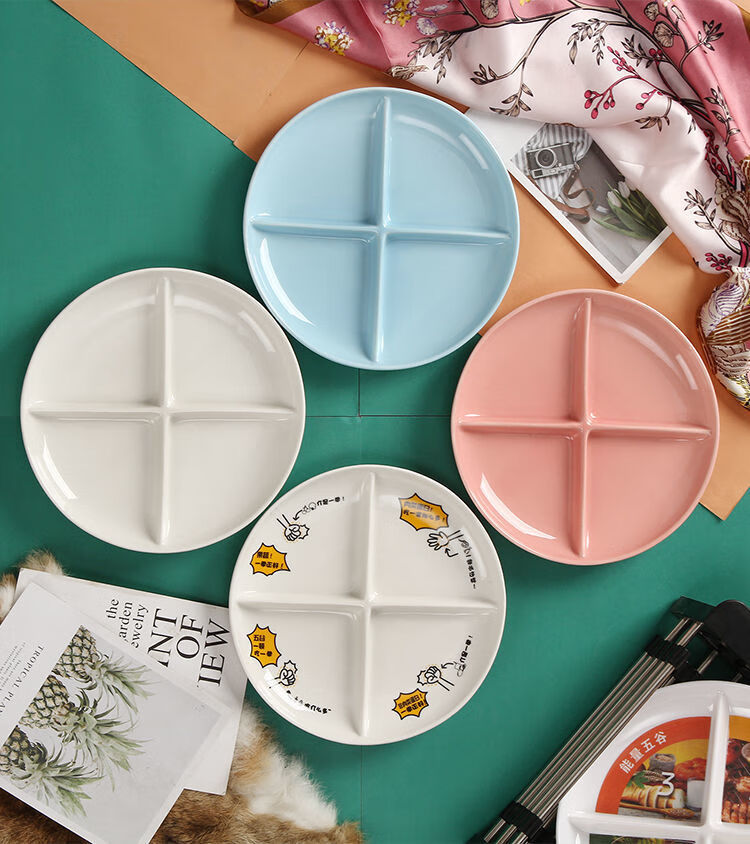 营养餐盘陶瓷减脂餐盘健康营养分配健身四格分餐盘子左一仁一拳卡通