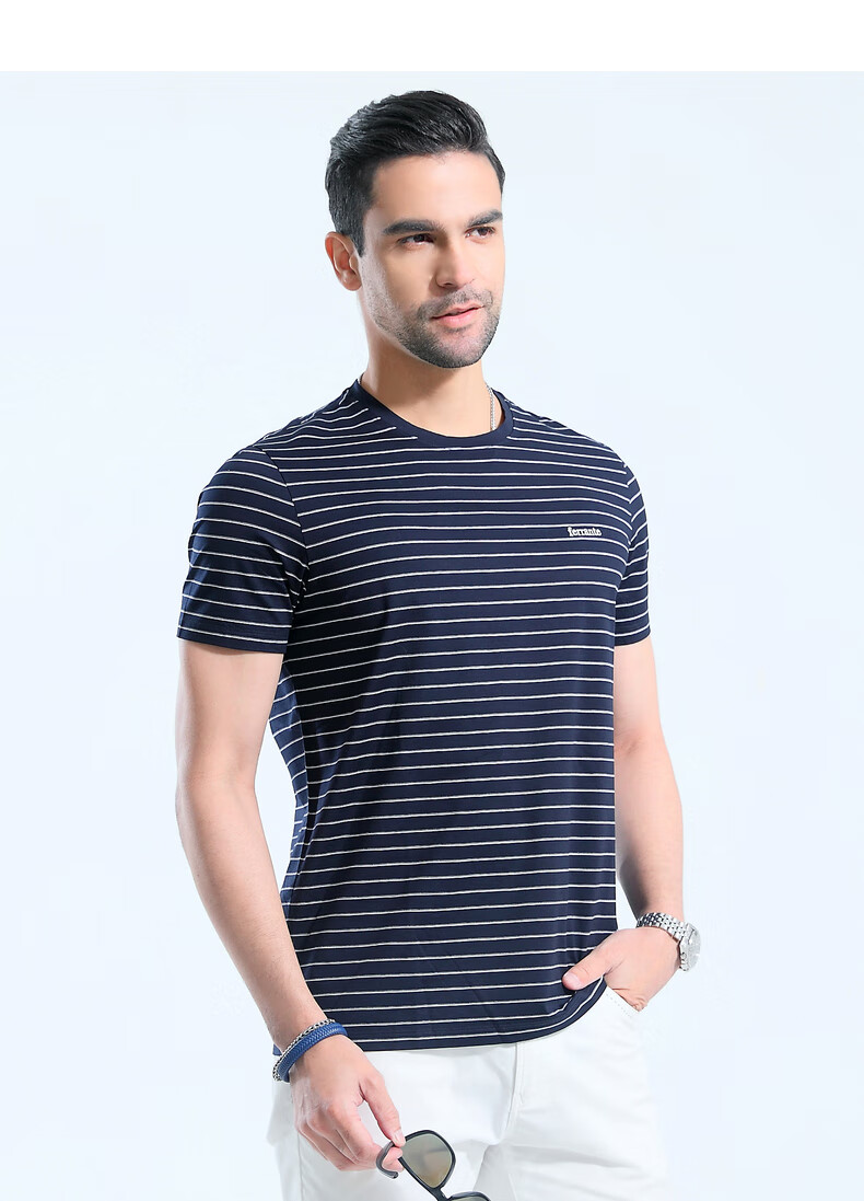ferrante费兰特夏季男士刺绣蓝条纹圆领短袖t恤702457蓝条16546s