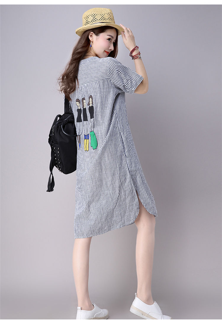 条纹棉麻连衣裙中长款女夏季2020新款潮直筒休闲棉绸亚麻宽松麻料