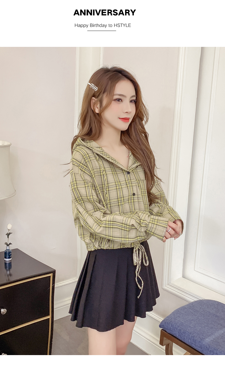红蜻蜓女装格子衬衫女连帽2020春季新款韩版宽松百搭学生上衣长袖短款