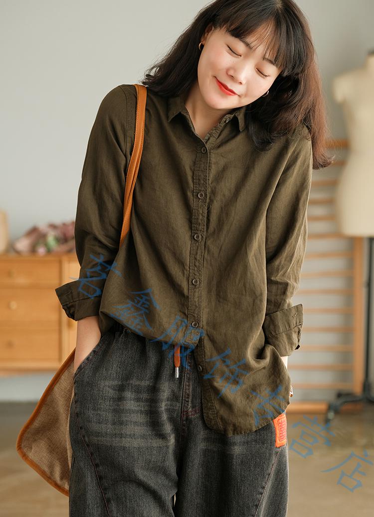 新款女士时尚麻布衣服女装款麻料女装上衣百搭女式文艺范白色衬衫女棉