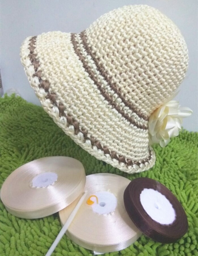 手工勾帽子夏季太阳帽彩带diy帽子布条缎带丝带手工编织钩太阳帽材料