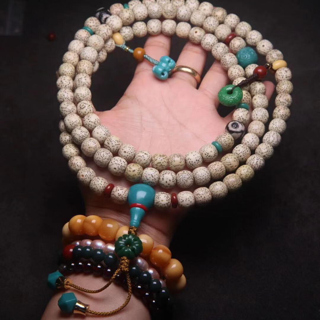 儒香阁雪巴琉璃 背云侧挂隔珠 藏式料器菩提 手串108长串diy配饰 蓝色