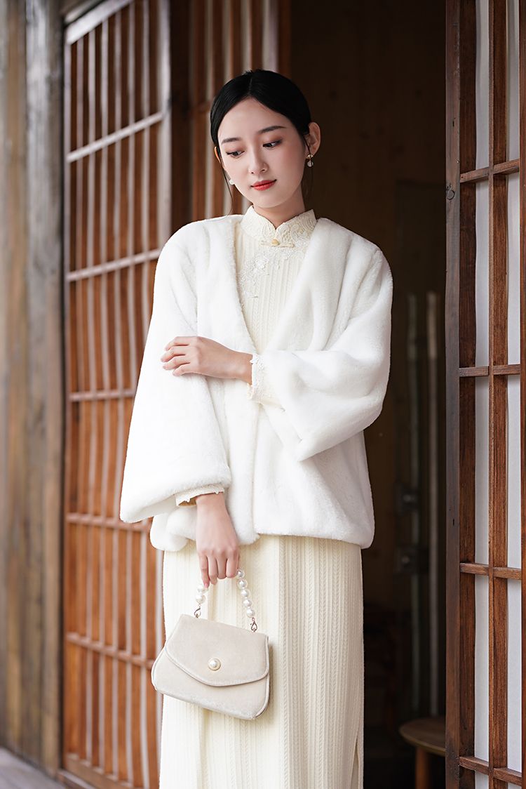 旗袍披肩旗袍外套安暖 秋冬复古民国风v领落肩短款外套仿真水貂毛皮草