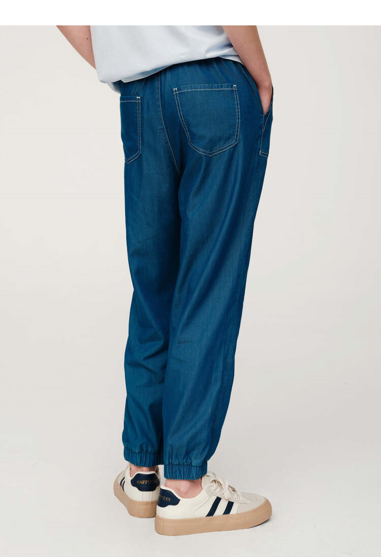 运动休闲牛仔裤女宽松设计感长裤 纯色简约松紧裤子显瘦韩版 蓝色 s