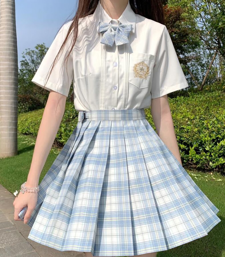 jk制服套装长袖衬衫半身格子百褶裙全套 冰淇淋格裙 长袖衬衫_【9装】