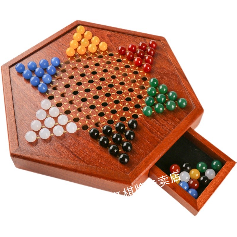 跳棋玻璃球儿童益智弹子跳棋大人高档大号六角木质跳棋盘六角形跳棋盘
