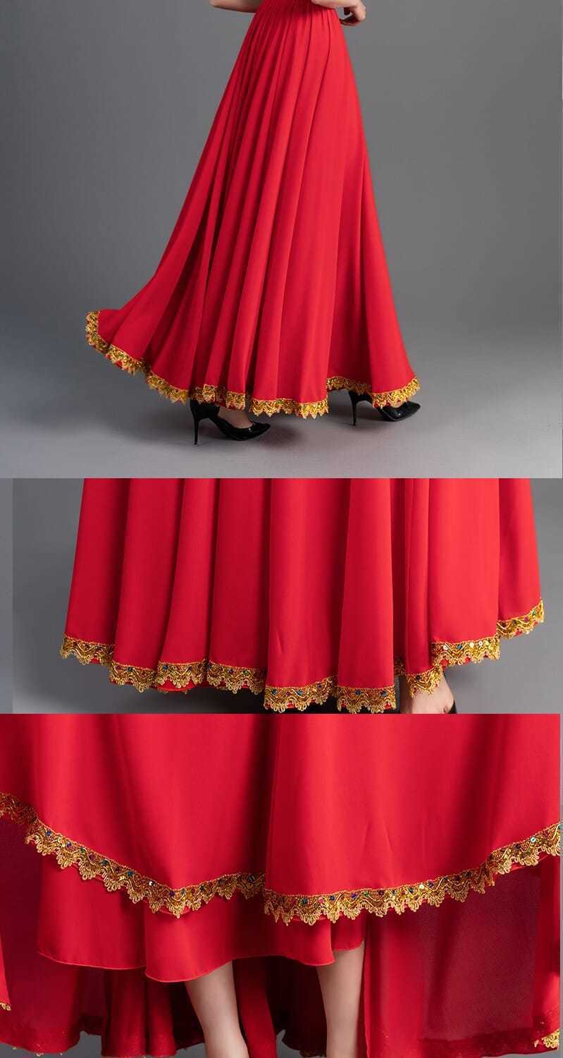 新疆舞蹈服装女720度红色花边长裙大摆裙跳舞新疆舞广场舞民族舞红色