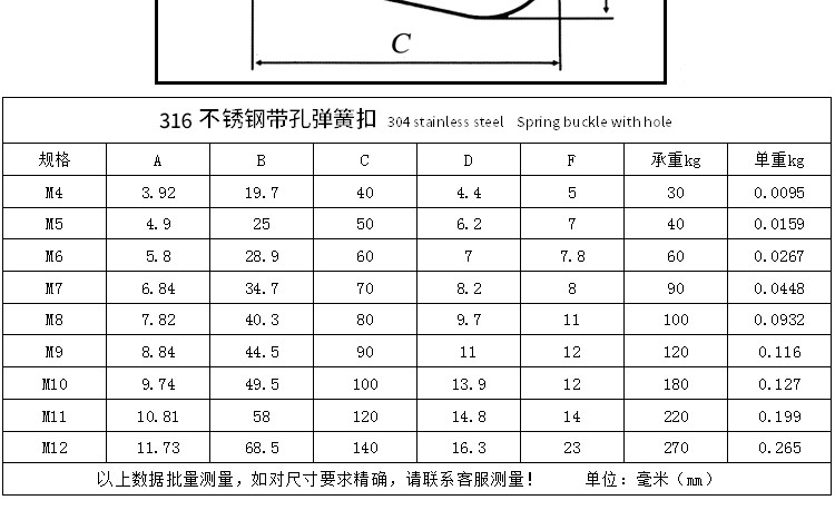 316不锈钢弹簧扣 弹簧钩登山扣 带孔安全扣带母带圈