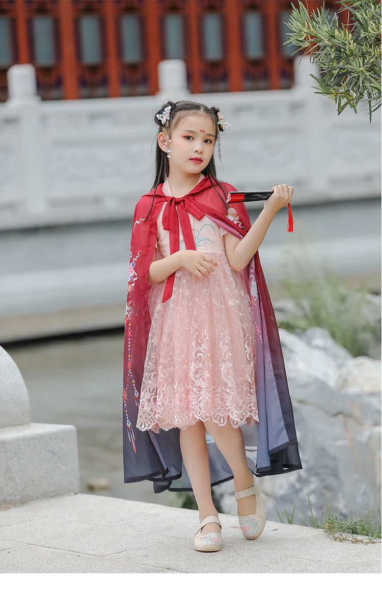 央紫儿童披风斗篷新款儿童披风斗篷女童中国风披肩嗮衣古风斗篷印花