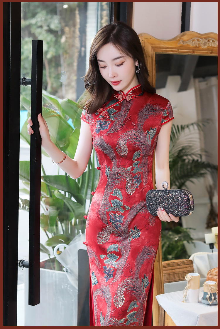 旗袍女夏中国风日常复古红色礼服走秀时尚修身丝绸旗袍连衣裙长款