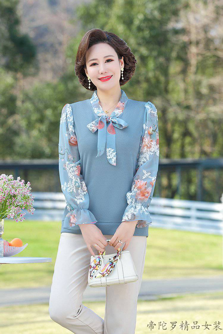 帝陀罗中老年女装t恤女2022年春夏季新款长袖上衣女衬衫舒适遮肉打底