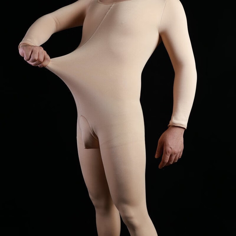 加绒连身袜男士加厚丝袜全包紧身裤连体衣性感丝袜开裆保暖袜 肤色九