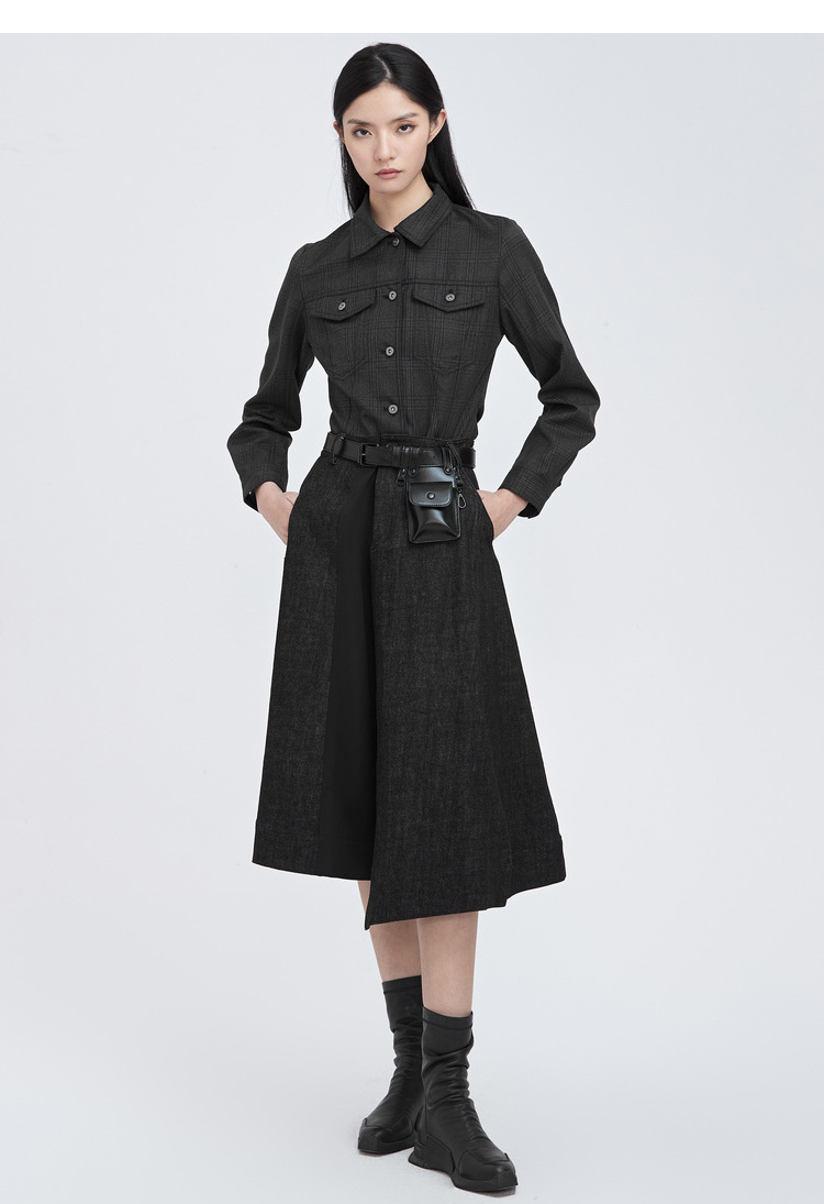 sdeer圣迪奥女装休闲翻领撞色格纹不规则衬衫s21480507深灰97s160