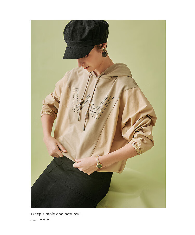 云上生活卡其色宽松连帽卫衣女2020年春薄款上衣v5986 浅卡其 m