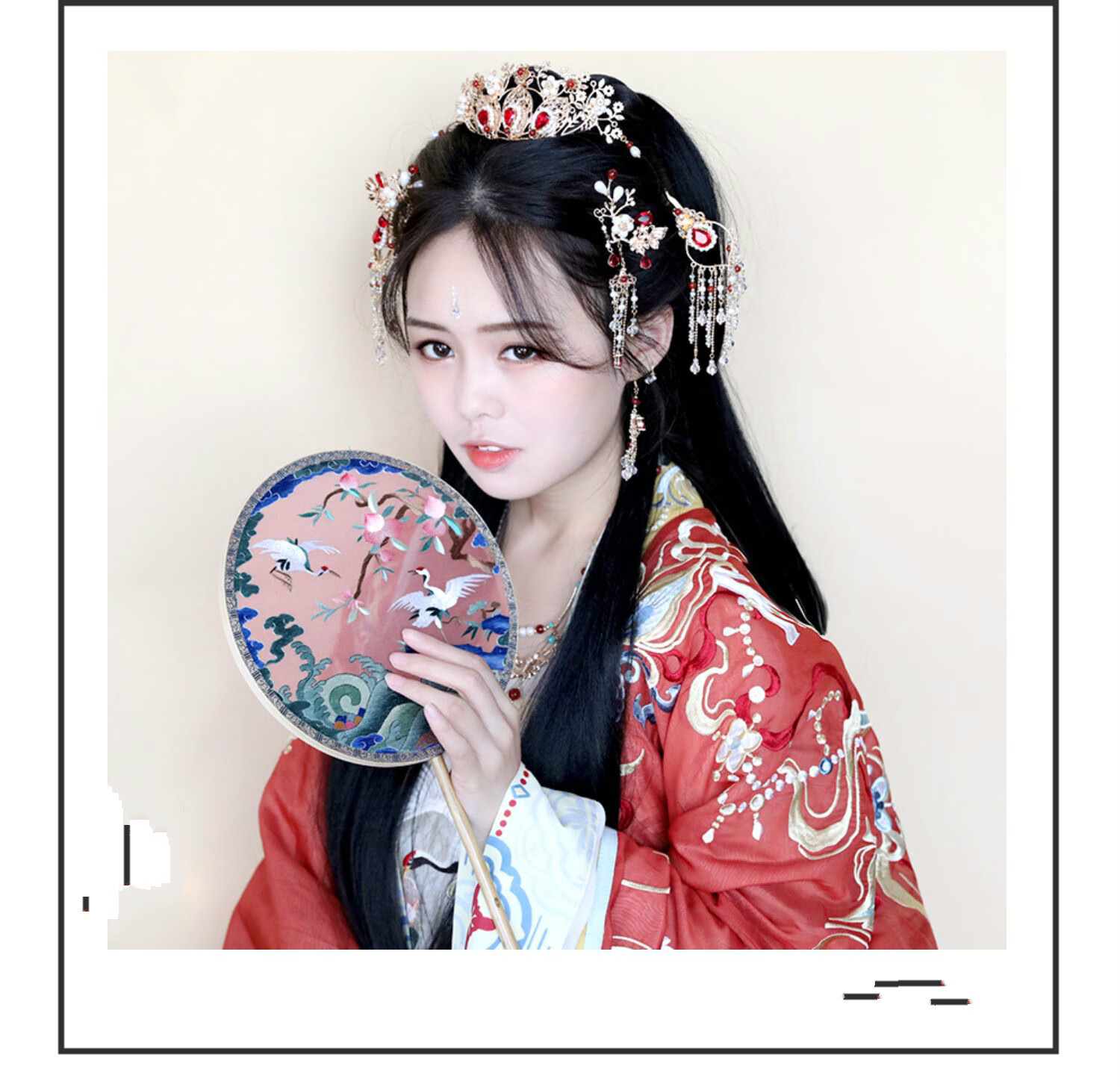 复古风发饰流苏步摇发簪汉服头饰套装公主宫廷发冠金钗令耳夹款红色一