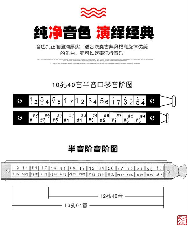 初学者复音10半音阶口琴孔12 16孔64音口琴演奏级专业 16孔64音金色圆