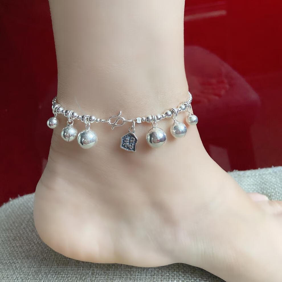 湘歌重工大宫铃s925银脚链铃铛会响银珠女平安锁猫情人节生日礼物福牌