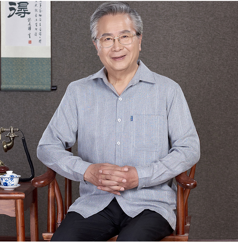 老年人衬衫男长袖夏季薄款亚麻老头衫男装上衣爷爷夏装老年衬衫男浅