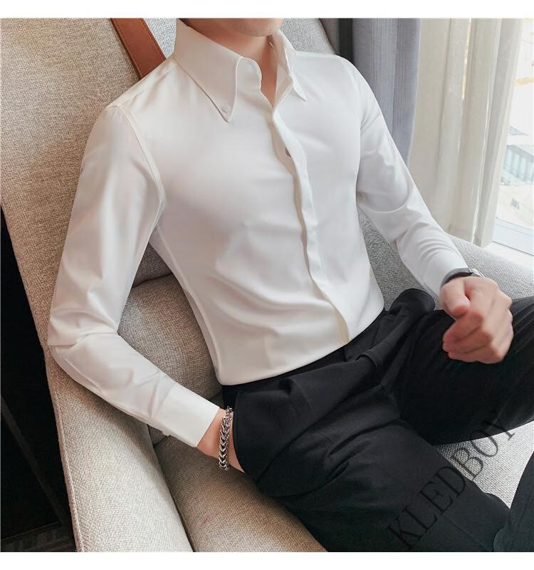 【抖音同款】起点男装男士时尚大领扣领长袖衬衫青年商务休闲百搭纯色