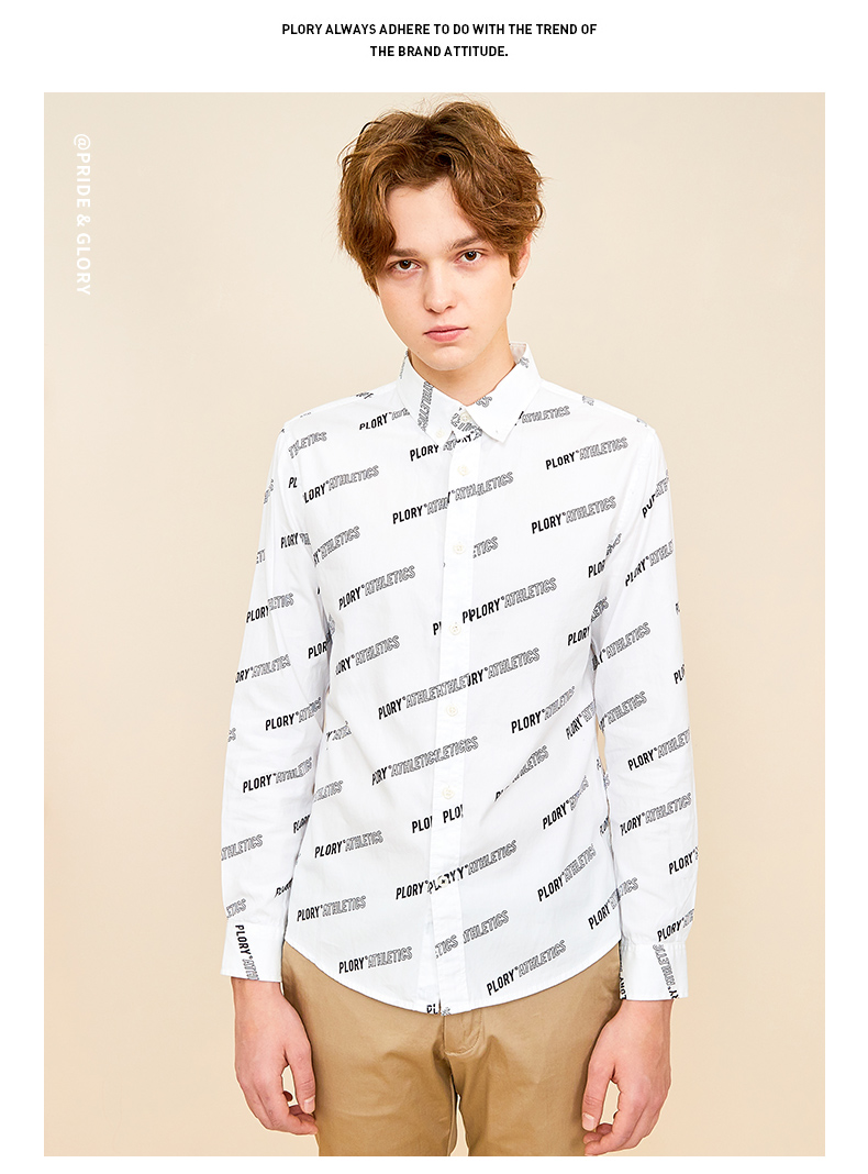 plory男装秋冬新款韩版国潮印花潮牌纯棉长袖衬衫男poyw923002象牙白