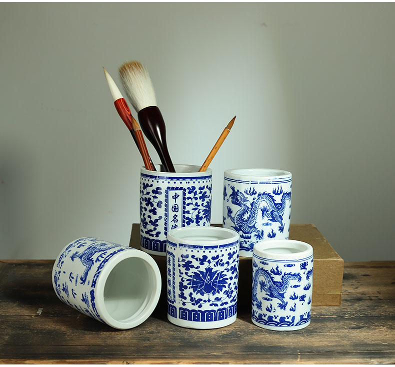 富诗米景德花陶瓷笔筒复古中国风仿古青花瓷毛笔桶大号书法用品文房