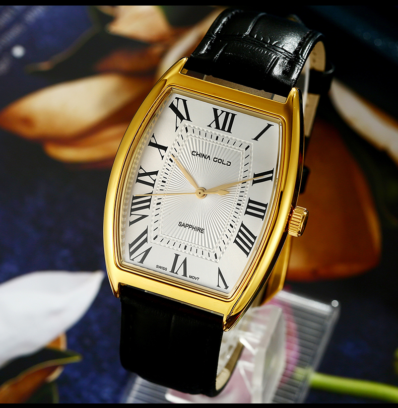 中国黄金官方店珍61如金足金牛皮表带石英男士手表腕表gwb068黑色