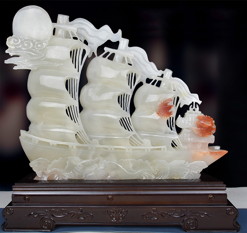 星星点灯轻奢高端玉雕玉石一帆风顺帆船摆件客厅玄关酒柜办公室装饰品