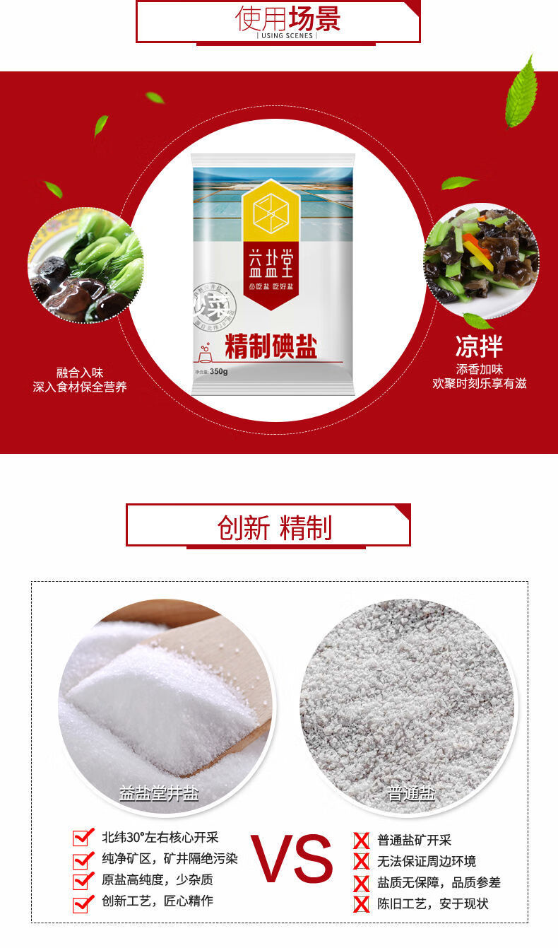 益盐堂精制碘盐 350g 多规格 加碘盐家用炒菜细盐6袋 无抗结剂无碘
