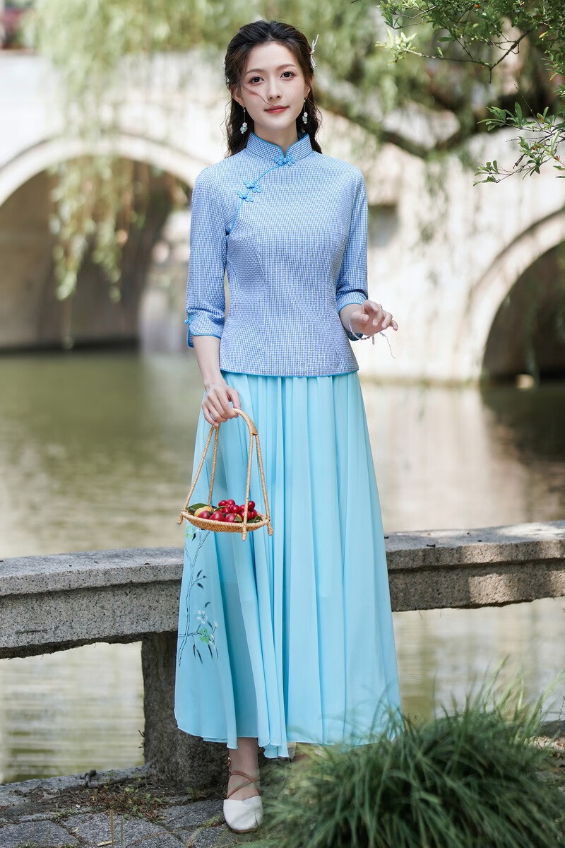 生民国五四青年学生装女演出服汉服女中国风大码改良旗袍上衣两件套