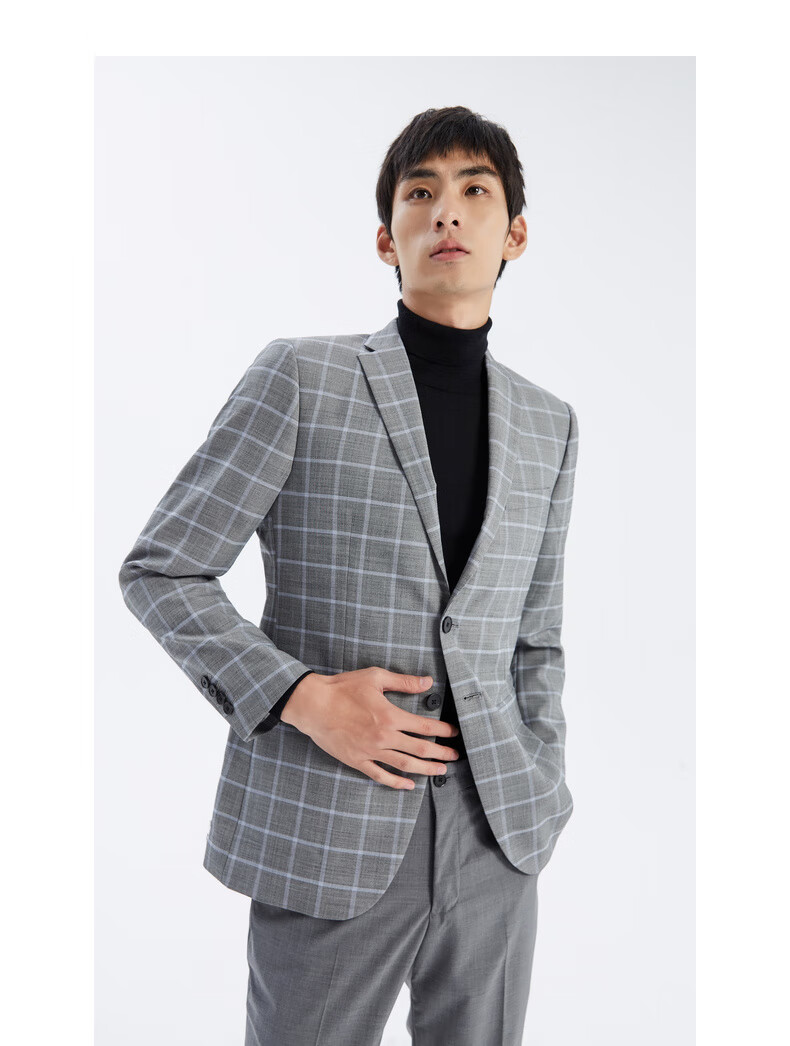 mecity男装春秋季羊毛窗格商务休闲西装外套男修身韩版抗皱 灰蓝组