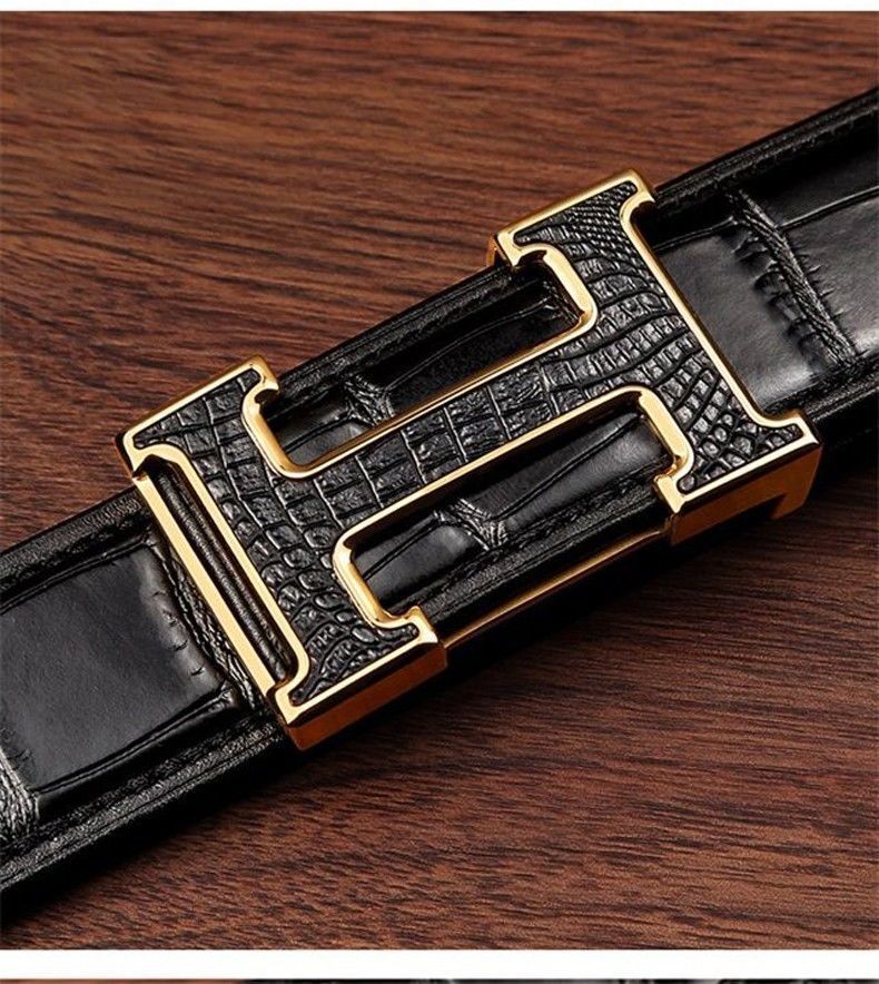 helens皮带男奢侈品鳄鱼皮皮带男款礼物裤腰带h扣男士真皮品牌平滑扣