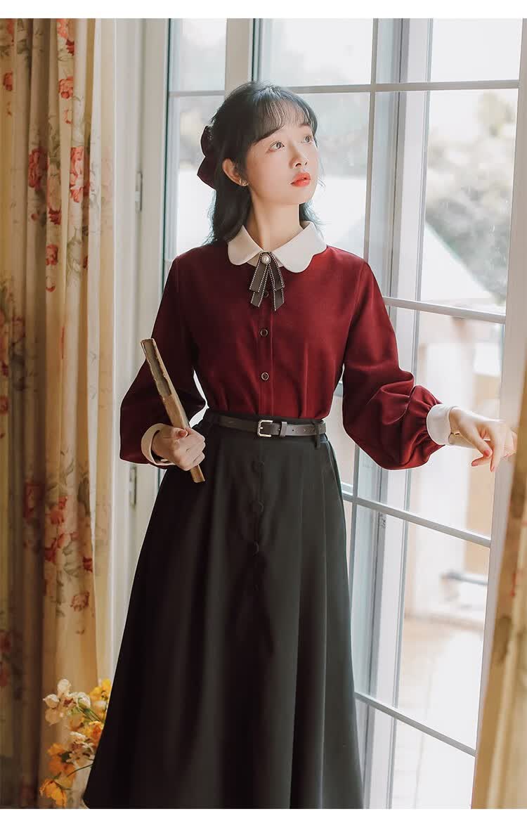 秋冬季连衣裙朗诵演讲比赛服装女民国风复古小洋装少女学生两件套 单