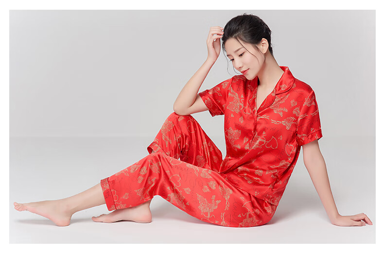 苏州真丝睡衣套装春夏大码情侣桑蚕丝家居服男女款睡衣红色长袖女款