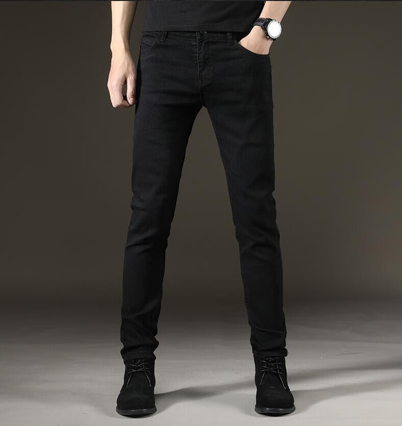 百鹊亭牛仔裤男修身显瘦弹力小脚直筒裤韩版休闲潮流裤子男黑色潮牌
