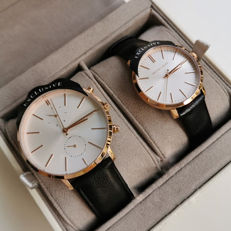 玫瑰金色配黑色皮带双表礼品套装 情侣手表对表节日礼物 情侣对表 mk