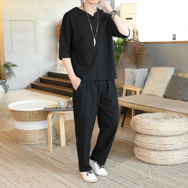 麻料麻布衣服男套装棉麻男士一套男士中国风棉麻宽松盘扣5分袖t恤灯笼