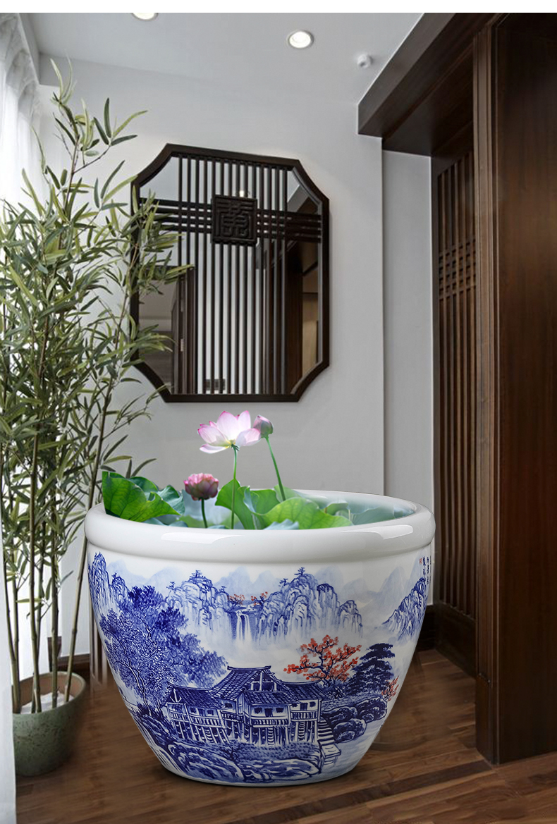 陶瓷鱼缸手绘粉彩青花客厅摆件大号养鱼缸乌龟缸睡莲荷花盆小号手绘