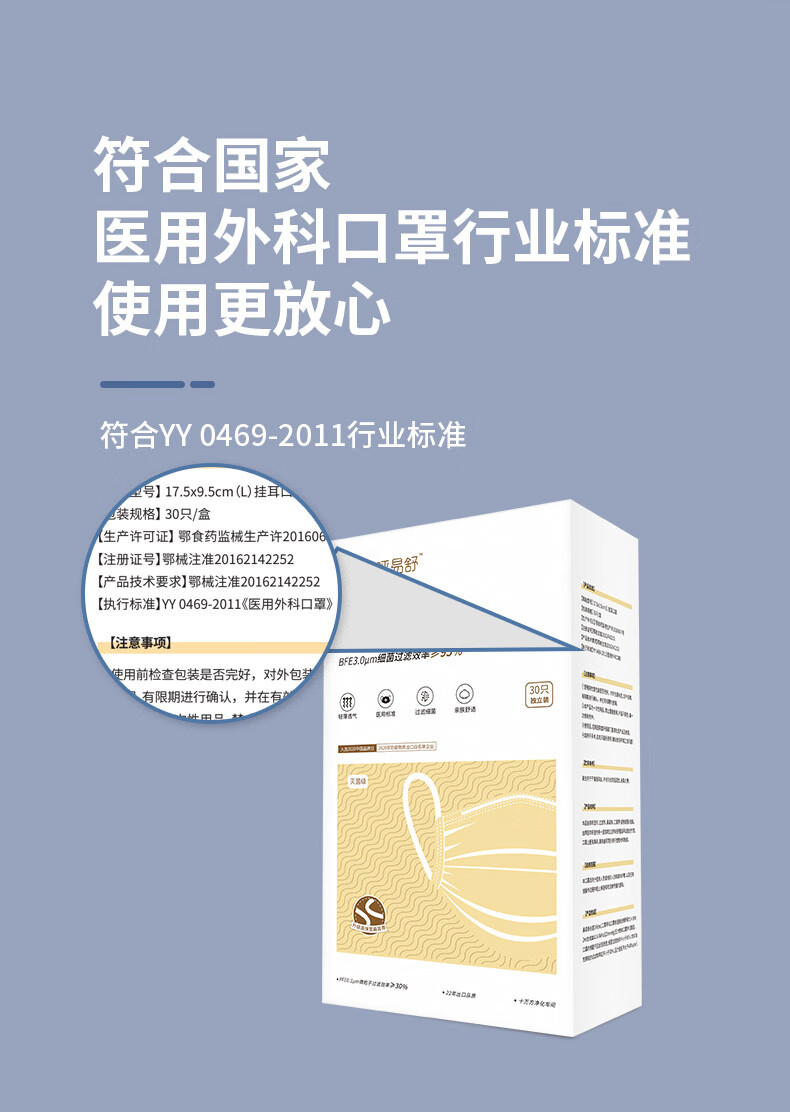 松然黄色款呼易舒灭菌级医用外科口罩1只独立包装6毫米泡泡纱加宽耳带
