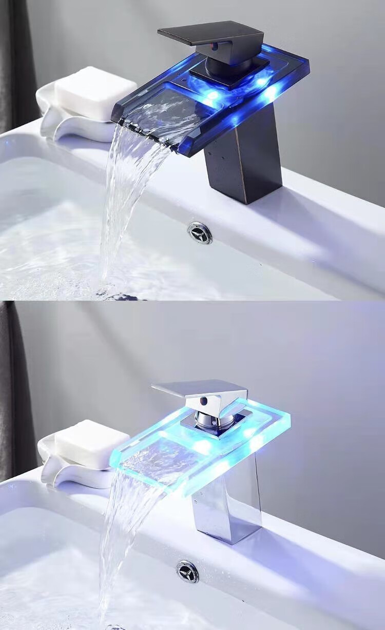 温控变色水龙头 smo洗脸盆发光水龙头全铜冷热混水家用卫生间温控三色