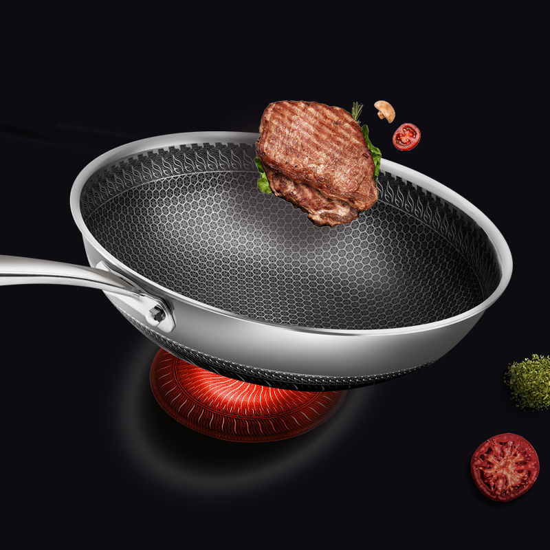 德国不粘锅炒锅316不锈钢无油炒菜锅通用煤气灶专用34cm不粘锅单面