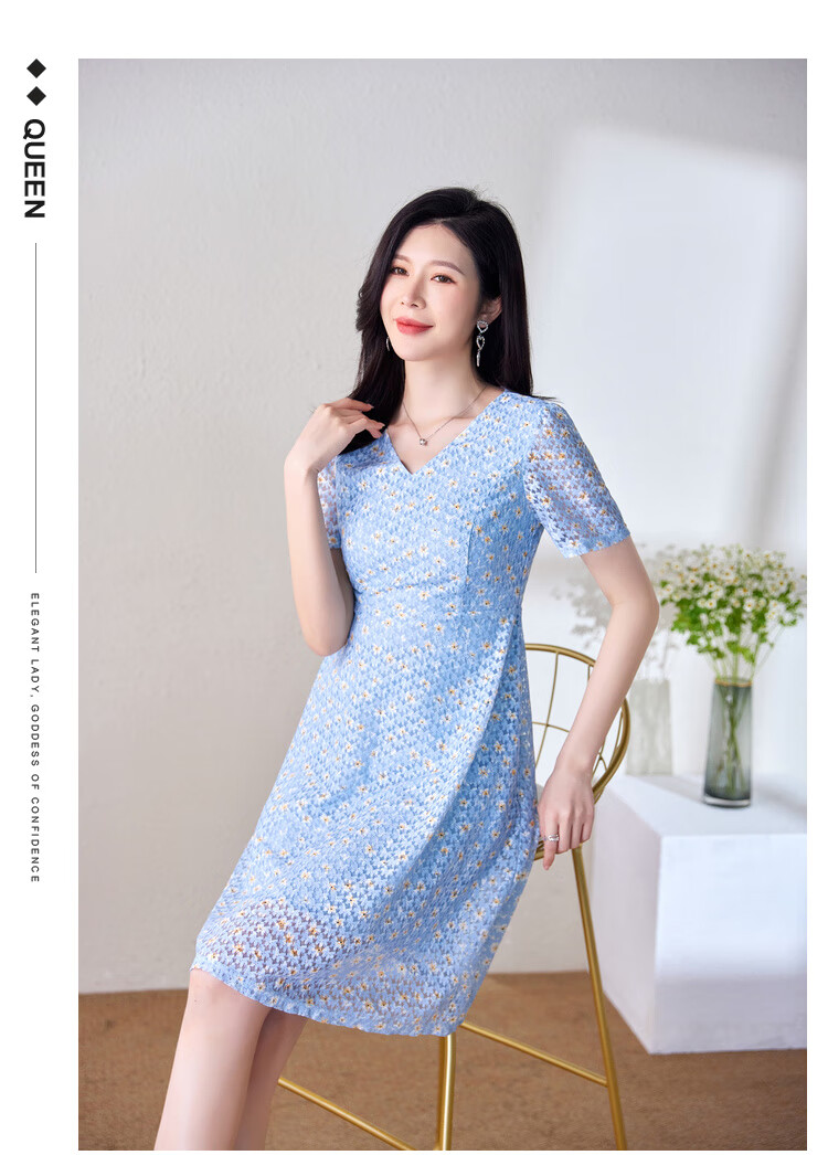 奢姿2022年夏装新款大码女装胖妹妹时尚气质小v领轻奢简约连衣裙蓝