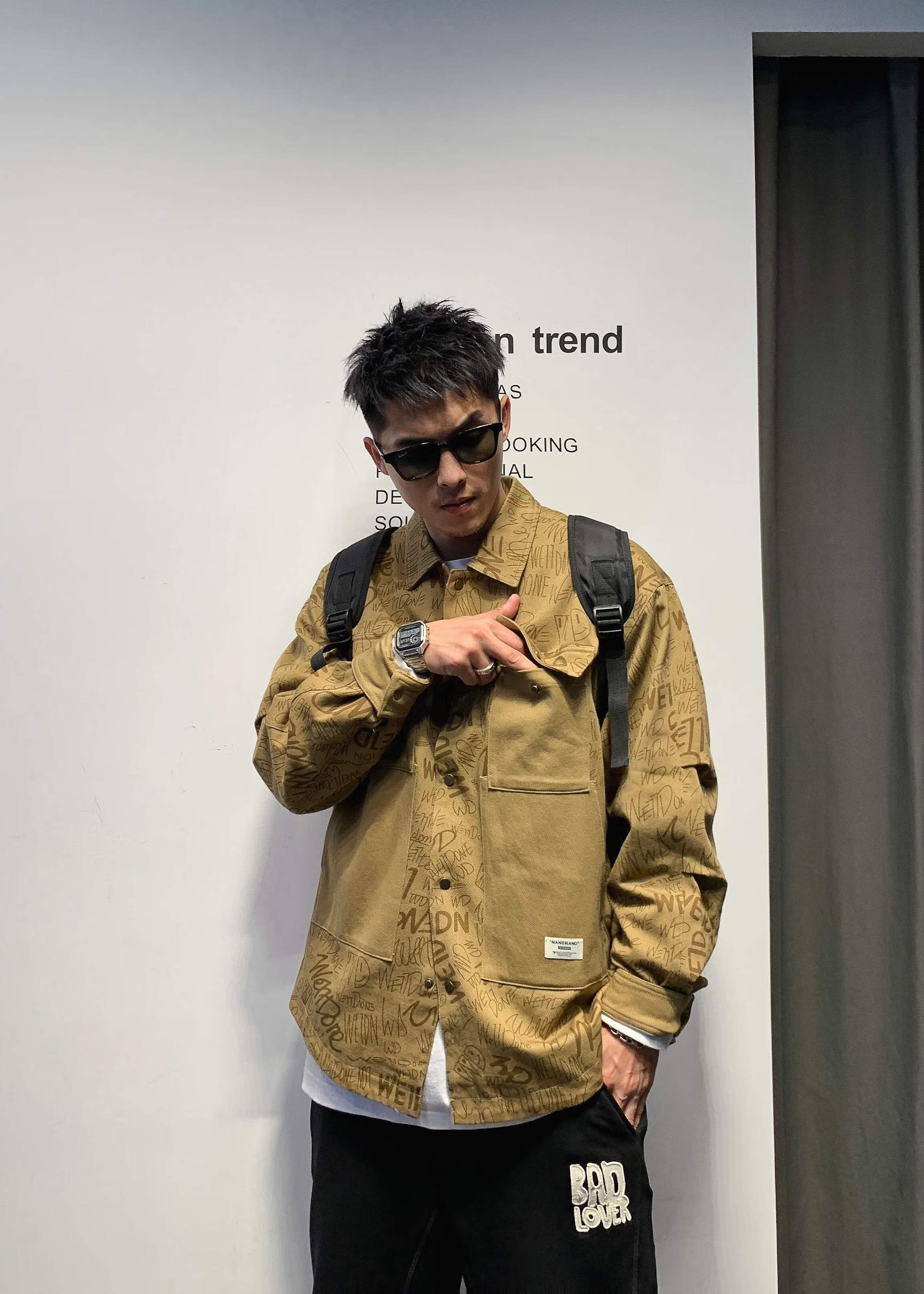 花邻序徐太浪纯色涂鸦痞帅衬衫男春秋设计感潮牌男装炸街长袖衬衣外套