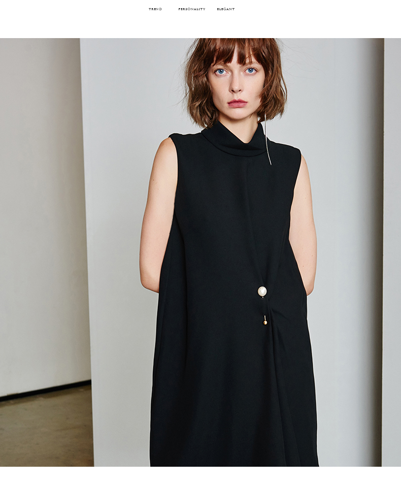 arioseyears艾诺丝雅诗直筒褶皱无袖立领连衣裙夏装新品