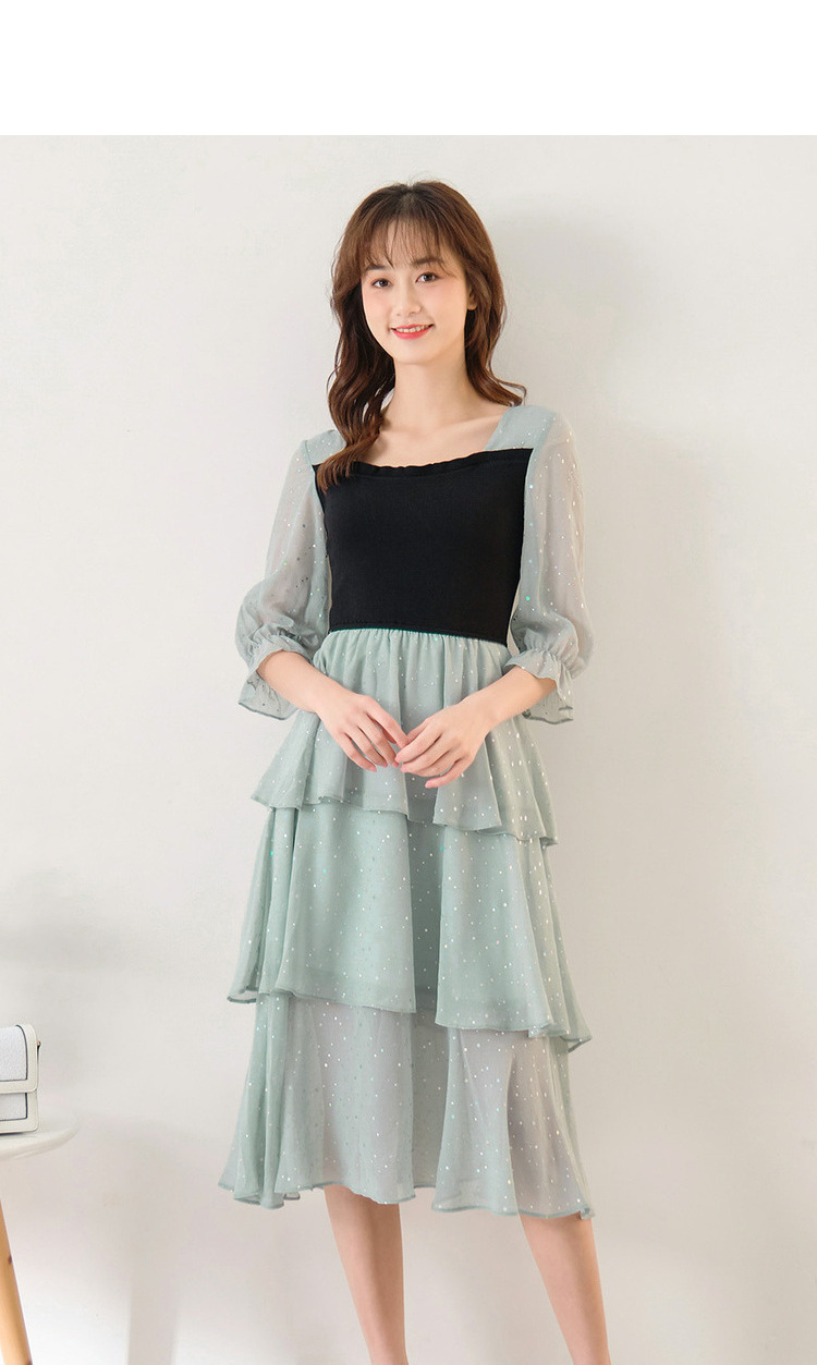 ief爱依服连衣裙女高腰2020新款时尚法式方领针织拼接网纱蛋糕裙1105