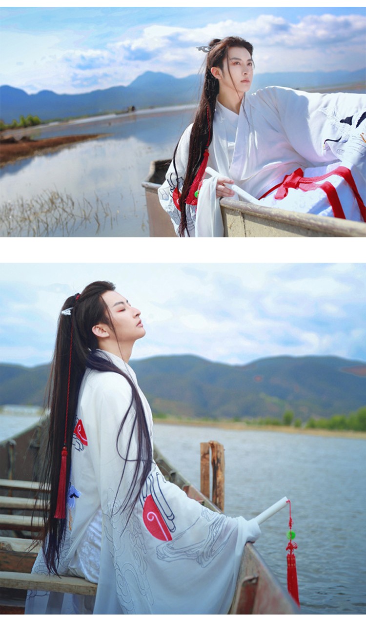 汉服男情侣仙鹤绣花交领襦裙奔月日常广袖套装白色cosplay动漫古风