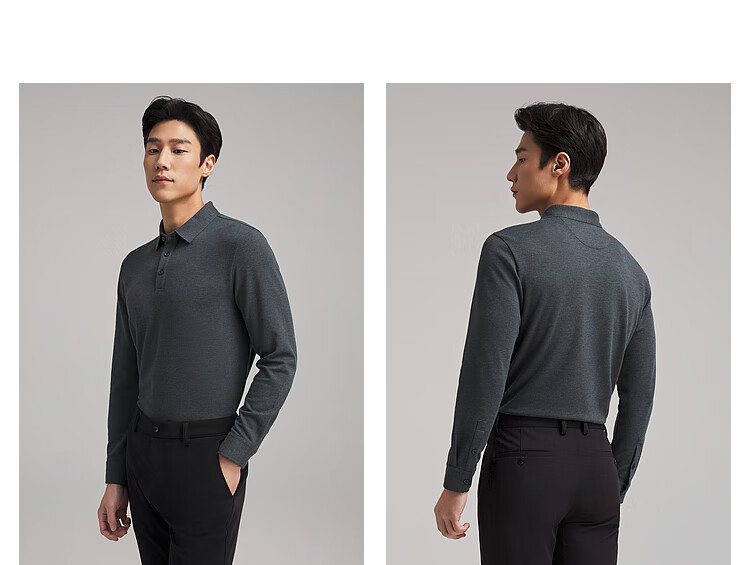 YOUNGOR [Machine Washable Wool] Heat-Retaining Men's Autumn Winter Long-Sleeve Wool Lapel Polo Shirt, Navy Blue, L 8