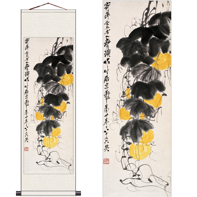 齐白石花鸟画卷轴画丝绸画名家字画已装裱可定制书房客厅装饰 香槟色