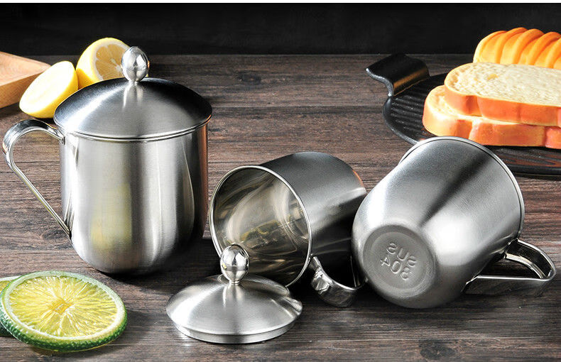 不锈钢老式口杯带盖加厚简约办公室水杯马克杯大容量怀旧儿童杯子带盖