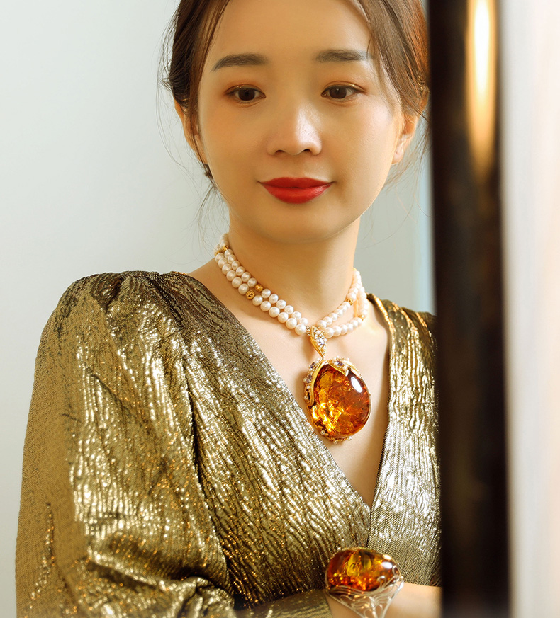 sa赛吉琥珀吊坠女14k金镶波罗的海绿珀珍珠项链银镶手镯戒指一物一证